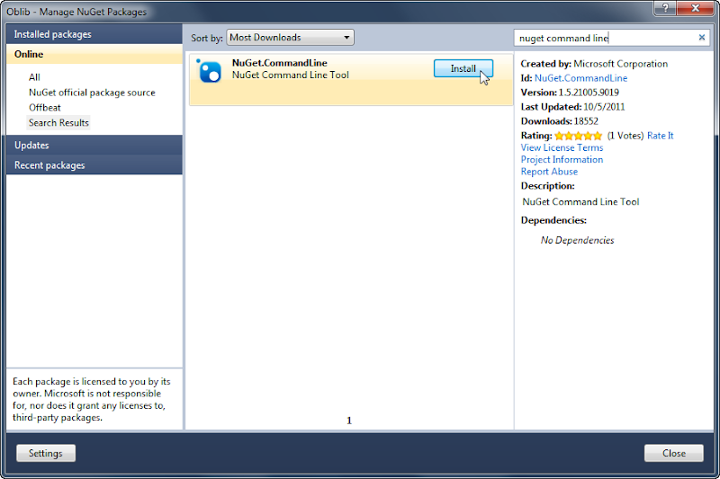Manage NuGet Packages dialog
