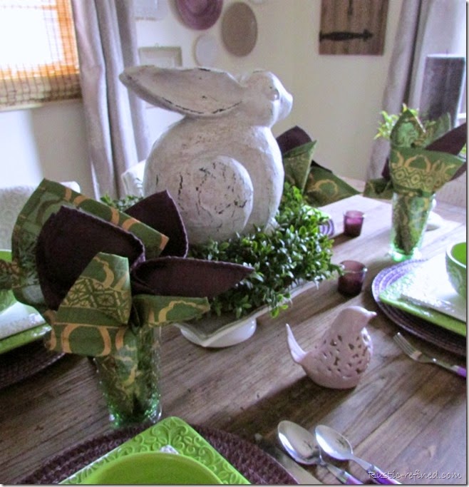 Spring Tablescape with purple, green and white colors.