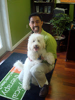 Tinker Bell with her owner and at their P.T. clinic in WA.