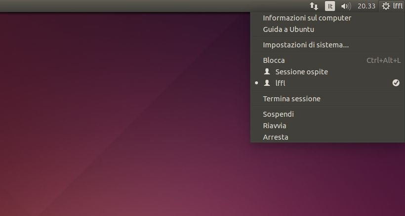 Ubuntu menu Sessione e Utente
