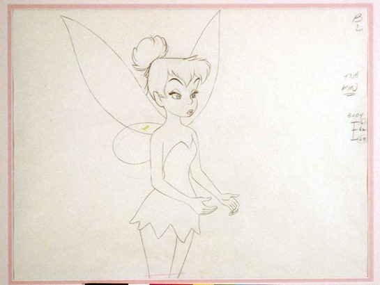 From “Peter Pan” (1953).  A director’s drawing of Tinkerbell as she uses her hands to measure the width of her hips.  #"A"  [Image: 14-3/4"W x 11.25"H.  Frame: 24-3/8"W x 20-3/4"H]  Acquired 1990.  SeqID-0099  8/3/2005
