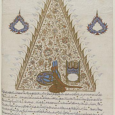 Illuminated Firman (Royal Decree) with Ornamental Tugra of Sultan Selim III :: Origin = Turkey :: Period = 1805-1806 / 1220 A.H. :: Collection = The Edwin Binney, 3rd, Collection of Turkish Art at the Los Angeles County Museum of Art (M.85.237.55) :: Type = Calligraphy; Firman; Tugra; Bookmanuscriptalbum, Ink, opaque watercolor and gold on paper, 36 12 x 20 12 in. (92.71 x 52.07 cm) M85_237_55.jpg
