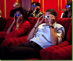 Feb. 1, 2009
“During a Super Bowl watching party in the White House theatre, the President and First Lady join their guests in watching one of the TV commercials in 3D.”
 
(Official White House photo by Pete Souza)

This official White House photograph is being made available only for publication by news organizations and/or for personal use printing by the subject(s) of the photograph. The photograph may not be manipulated in any way and may not be used in commercial or political materials, advertisements, emails, products, promotions that in any way suggests approval or endorsement of the President, the First Family, or the White House. 
