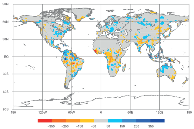 Decadal precipitation anomalies for global land areas for 2001&ndash;2010; gridded 1&deg; raingauge-based analysis as normalized departures in mm/year focusing on 1951&ndash;2000 base period. Photo: Global Precipitation Climatology Centre (GPCC), Deutscher Wetterdienst, Germany