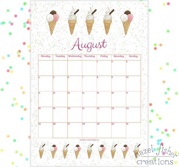 August 2014 free printable calendar ice cream hazel fisher creations
