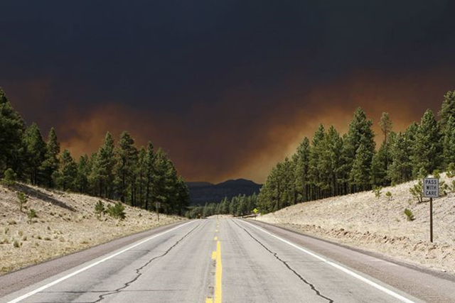 A wildfire blackens the sky above U.S. Route 180 in Luna, New Mexico, on 6 June 2011. Joshua Lott / Reuters