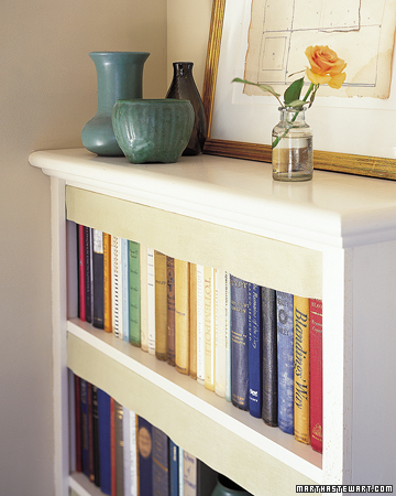 Linen Dust Shields. To protect books from dust, crisp lengths of linen can be hung from shelves. The technique, used in old Swedish libraries, also gives a neat appearance to uneven volumes. To make, measure the length of the shelf, and the distance from the shelf above to the top of the shortest book. Add 1 inch to all sides; cut prewashed linen to this size. Hem bottom and sides by 1 inch. Sew 1-inch-wide twill tape to top edge. Fasten to underside of shelf every 6 inches with upholsterers' tacks or a strip of Velcro. Linen Dust Shields. To protect books from dust, crisp lengths of linen can be hung from shelves. The technique, used in old Swedish libraries, also gives a neat appearance to uneven volumes. To make, measure the length of the shelf, and the distance from the shelf above to the top of the shortest book. Add 1 inch to all sides; cut prewashed linen to this size. Hem bottom and sides by 1 inch. Sew 1-inch-wide twill tape to top edge. Fasten to underside of shelf every 6 inches with upholsterers' tacks or a strip of Velcro.