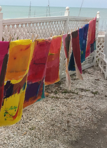 New paintings are hung to dry on a clothes line on a Florida beach. This image is art itself. I love the contrast of the modern, bright paintings against the natural seaside setting.