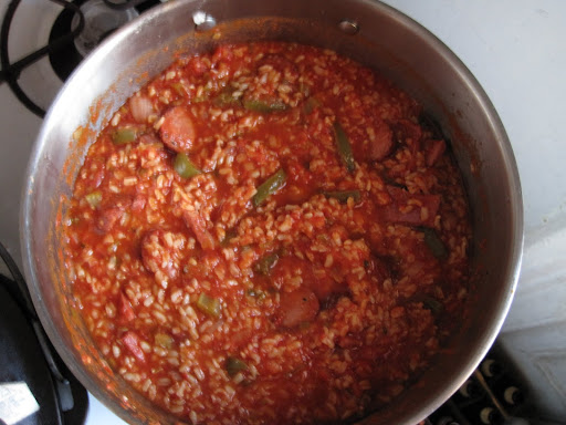 Jambalaya is so delicious and easy to make.  A few spoonfuls of Emeril's creole spice mix and a good andouille will put some fire in the tomato-rice base -- you might have to warn the weak of stomach!