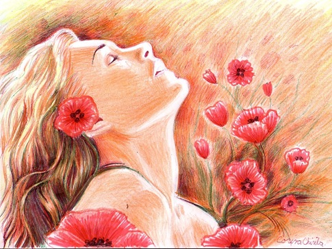 Grafica si pictura de Corina Chirila: Fata cu flori de mac, desen creioane  colorate si pix