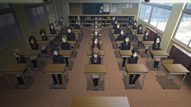 A view of a classroom with statuesque students in their seats as seen from a teacher's podium point of view