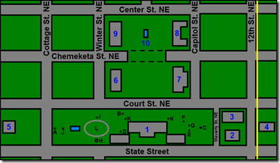 Map of the Oregon State Capitol Mall in Salem, Oregon