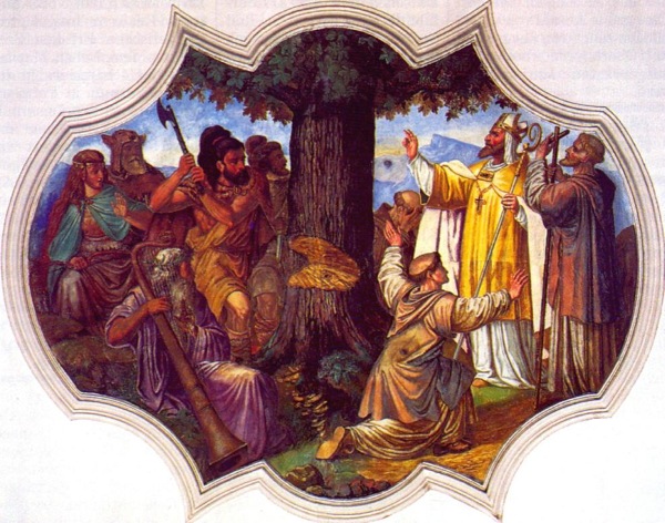 Tala del Roble de Thor, pintura de 1737 en Schliersee..jpg Tala del Roble de Thor pintura de 1737 en Schliersee