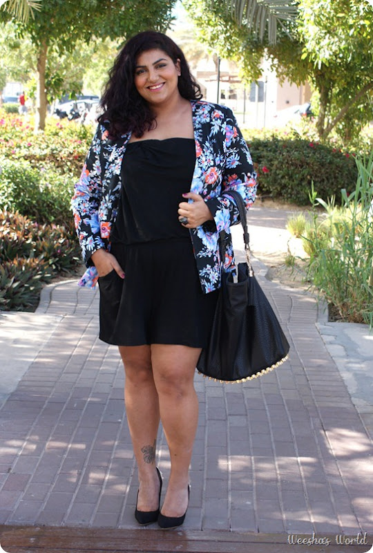 Weesha's World Asos Curve blazer, Forever 21+ playsuit, Next shoes, h & m jaguar ring, Folli Follie ring