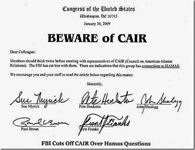 Beware of CAIR signed 5 Congressmen (woman)