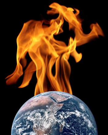 Earth on fire. Photo: Fire photo by peasap / Earth photo by NASA / composite by Phil Plait