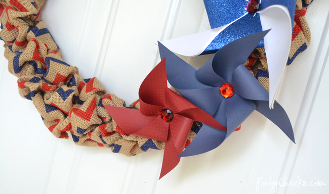 Fourth of July Burlap and Pinwheel Wreath - a full picture tutorial on how to make a burlap wreath included.