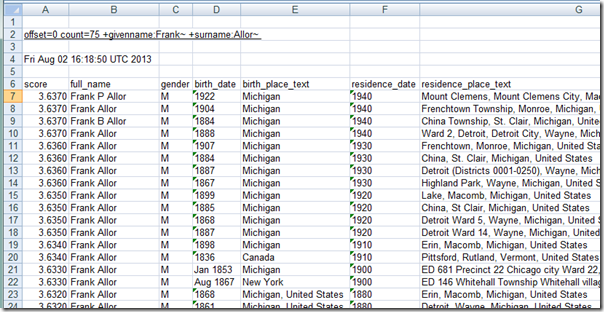 Excel spreadsheet containing search results from FamilySearch historical records