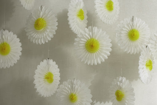 I strung up these festive tissue daisies (in the sale) when I had my daughter’s first birthday party. I really love how they turn any space into an instant party. 
You can string them into one garland, or hang them individually at different lengths for a cute daisy effect.