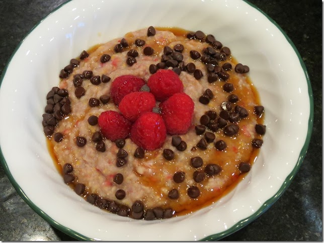 Raspberry Hot Cereal with Chocolate Chips and Peanut Butter