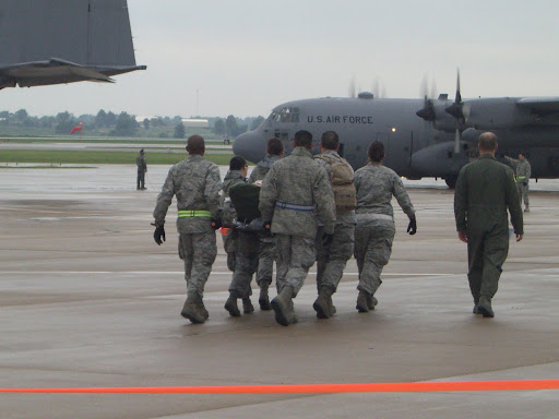 The mock patients were loaded onto C-130 planes and flown to hospitals in other major cities. (Photo credit: Jennifer Moore)