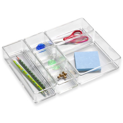 Don't let school supplies take over your drawers–everything has a place with this set. Acrylic Drawer Organizer Set, $19.99, containerstore.com [photo courtesy of The Container Store]