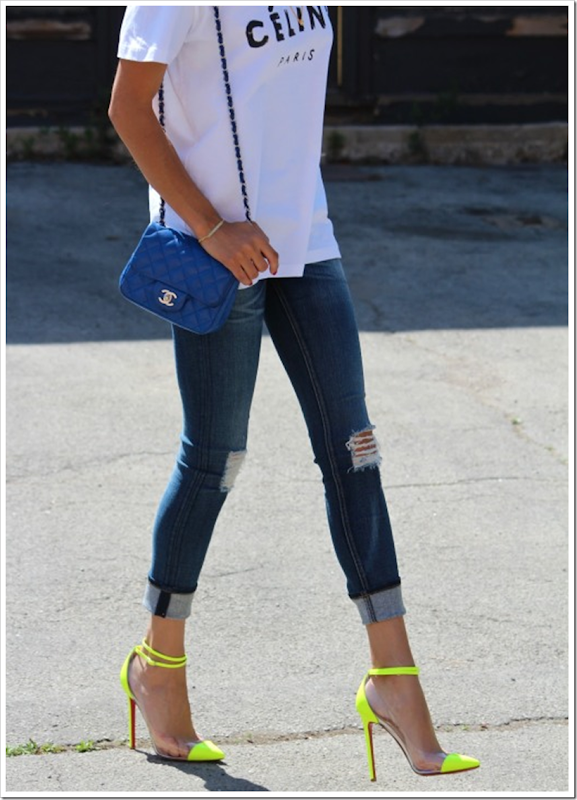 Christian Louboutin, Celine t-shirt, Chanel, Street Style, Fashion Blog,  Neon, High Heels, Céline Paris t-shirt, Céline