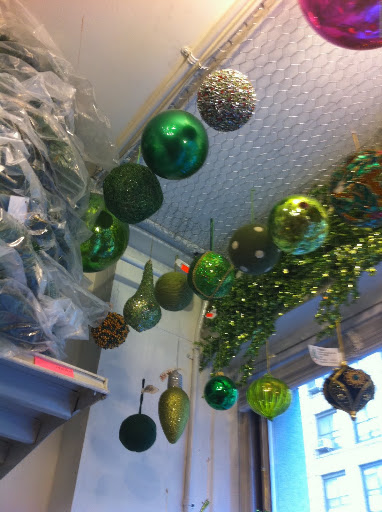 Green and glittery decorations.