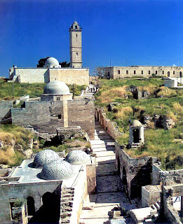 View of the upper and lower mosques in the Aleppo Citadel.