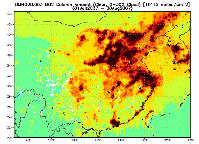 Atmospheric NO2 concentration over China, 1 June 2007 - 30 August 2007. disc.sci.gsfc.nasa.gov