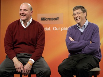 Microsoft Chairman Bill Gates (R) and company' CEO Steve Ballmer take a reporter's question during a news conference at company headquarters in Redmond, Washington June 15, 2006. Microsoft announced that effective July 2008 Gates will transition out of a day-to-day role in the company to spend more time on his global health and education work at the Bill & Melinda Gates Foundation.  After July 2008, Gates will continue to serve as the companyÕs chairman and an advisor on key development projects.  Robert Sorbo/Microsoft/Handout