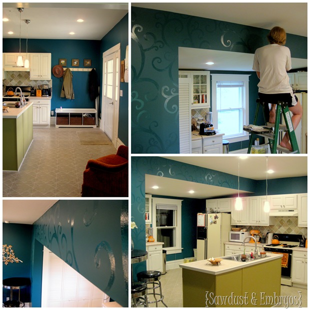 Kitchen Transformation (Glossy Swirls on Accent Wall (by Sawdust and Embryos)