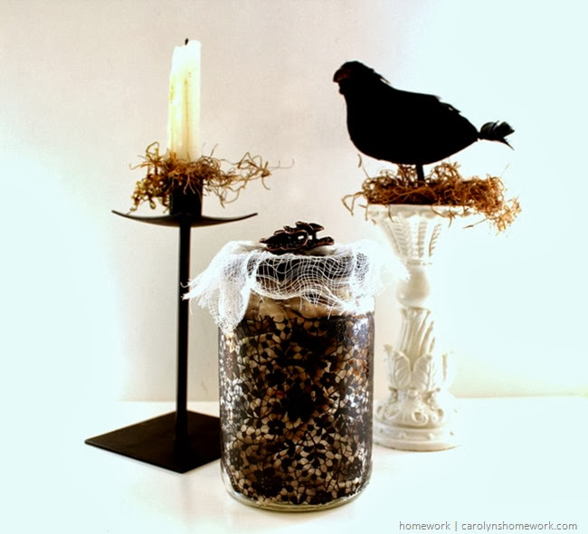 Black Lace Halloween Treat Jar using Martha Stewart silkscreens and paints via homework | carolynshomework.com
