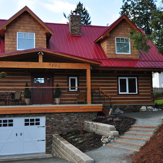 Entrance and garage of Ecolog show home in Central Saanich