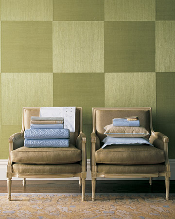 Patterned green walls? Yes! Patterns can be mixed when a palette is this restrained. Patterned green walls? Yes! Patterns can be mixed when a palette is this restrained.