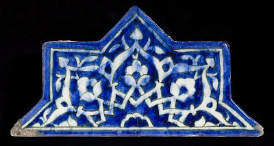 Tiles | Origin: Greater Iran | Period: circa 1444 | Collection: The Madina Collection of Islamic Art, gift of Camilla Chandler Frost (M.2002.1.259a) | Type: Ceramic; Architectural element, Fritware, underglaze-painted, 11 1/4 x 5 11/16 in. (28.57 x 14.44 cm)