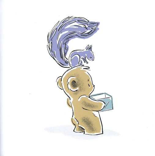 I love this illustration of the purple Squirrel peering into the box from atop Bear's head. I love this illustration of the purple Squirrel peering into the box from atop Bear's head.