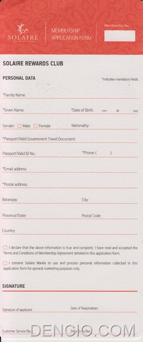 Solaire Membership Form Front