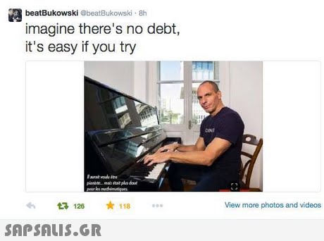 beatBukowski @beatBukowski 8h imagine there s no debt, it s easy if you try 01 126 118 View more photos and videos