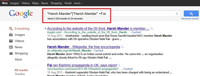 Search Results pointing to Harsh Mander's association with Pakistani front organisation, the Justice Foundation - a miniscule number