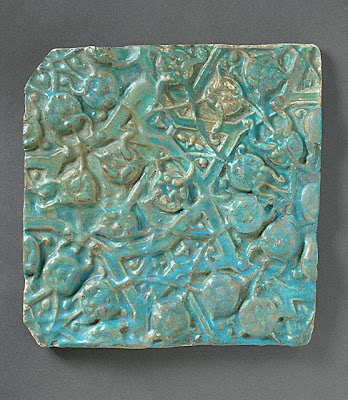 Tile | Origin: Iran | Period: second half of 13th to 14th century | Collection: The Madina Collection of Islamic Art, gift of Camilla Chandler Frost (M.2002.1.285) | Type: Ceramic; Architectural element, Fritware, molded and overglaze-painted, 9 5/8 x 9 5/8 in. (24.44x 24.44 cm)