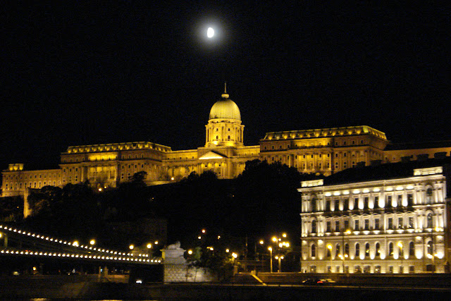 Buda Castle at night, viewed from the Danube