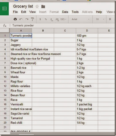 Indian grocery list excel