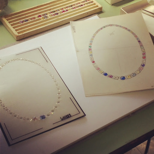 Before committing stones to a necklace (or bracelet, ring, etc.), a wax mold is made. Gems are set inside to give buyers a clearer idea of what the finished product will look like. That way, adjustments to the design can be made more easily. Before committing stones to a necklace (or bracelet, ring, etc.), a wax mold is made. Gems are set inside to give buyers a clearer idea of what the finished product will look like. That way, adjustments to the design can be made more easily.