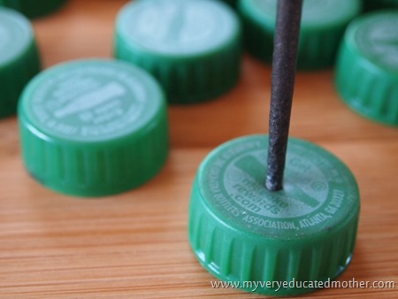 Bottle Cap Beaded Door - Making the holes Bottle Cap Beaded Door - Making the holes