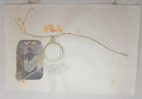 banners of silk: handmade paper (cotton and abaca) with found materials (collage, embroidery hoop, braided thread, gold leaf, a jewelry piece) laminated in between