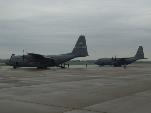 Two massive C-130 military cargo planes transported mock patients to other cities during the drill. (Photo credit: Jennifer Moore)