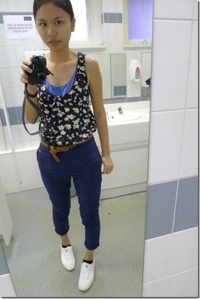 floral tank top x navy blue pants