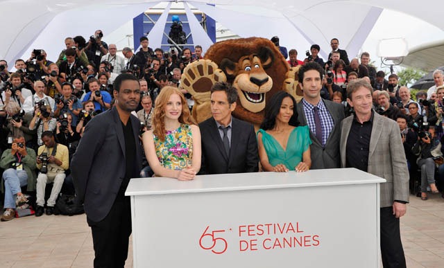 CANNES, FRANCE - MAY 18:  (R-L) Actors Martin Short, David Schwimmer, Jada Pinkett Smith, Ben Stiller, Jessica Chastain and Chris Rock pose at the 'Madagascar 3: Europe's Most Wanted Photocall' during the 65th Annual Cannes Film Festival at Palais des Festivals on May 18, 2012 in Cannes, France.  (Photo by Gareth Cattermole/Getty Images) *** Local Caption *** Martin Short;David Schwimmer;Jada Pinkett Smith;Ben Stiller;Jessica Chastain;Chris Rock