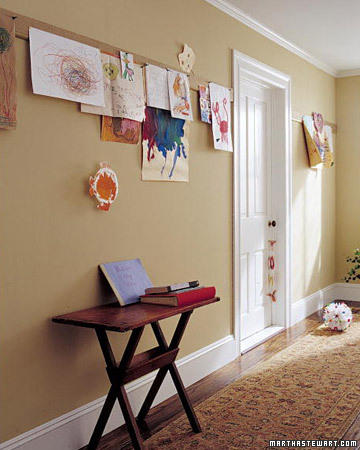 A bulletin-board picture rail hung the length of a hallway or between two doorways lets you proudly show off kids' artwork while keeping tape and thumbtacks off the walls.